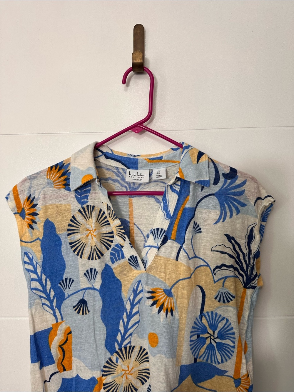 Nicole Miller 100% Linen Blue Floral Tropical Print Cap-Sleeve Collar Top Size S - Picture 5 of 6